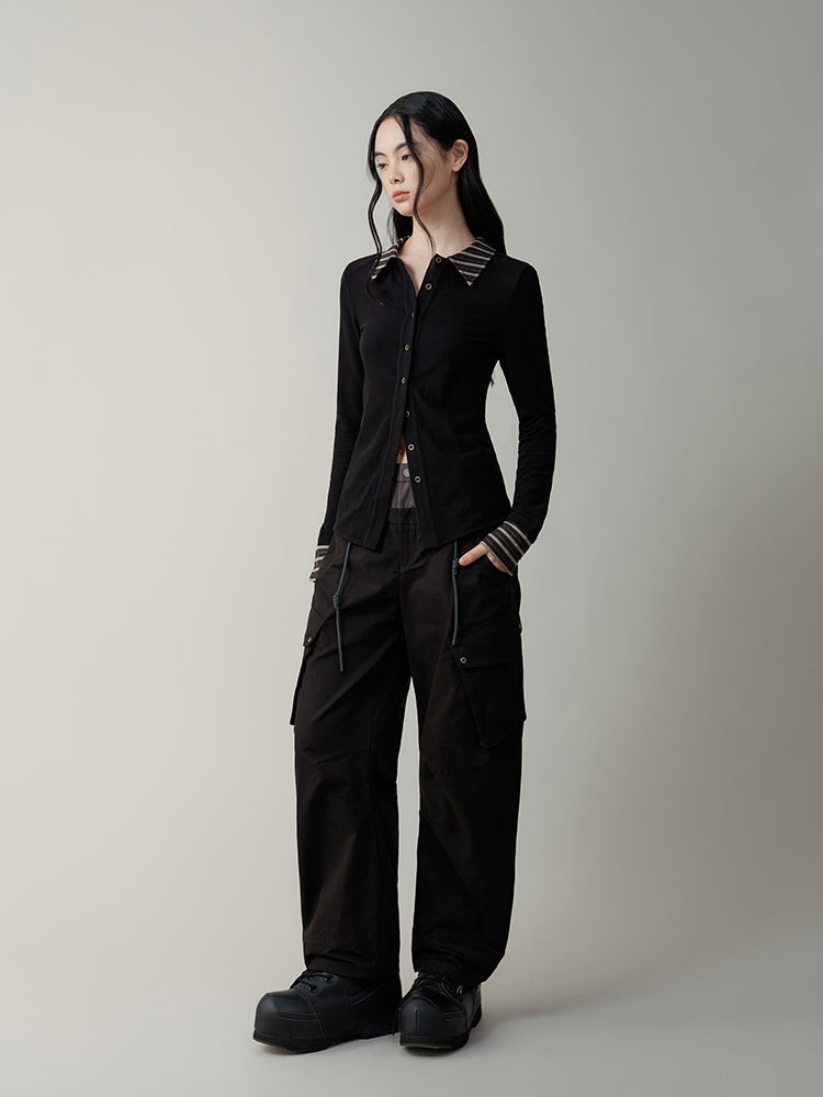 Double Waist Splicing Drawstring Wide Leg Pants