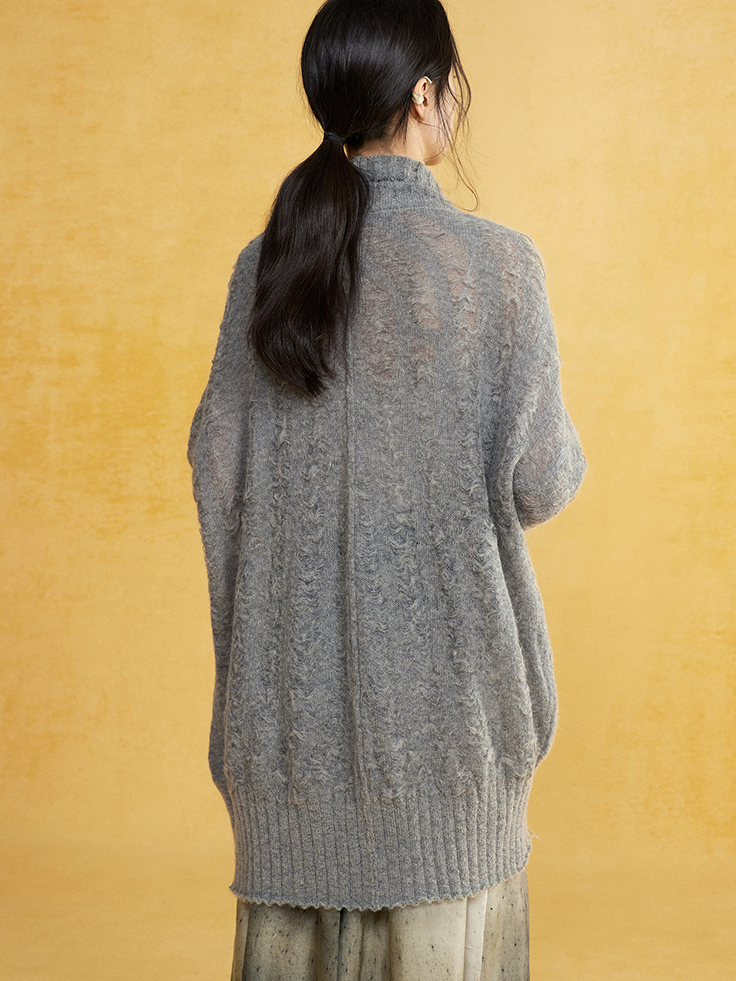 Mohair Curved Hem Loose Knitted Cardigan