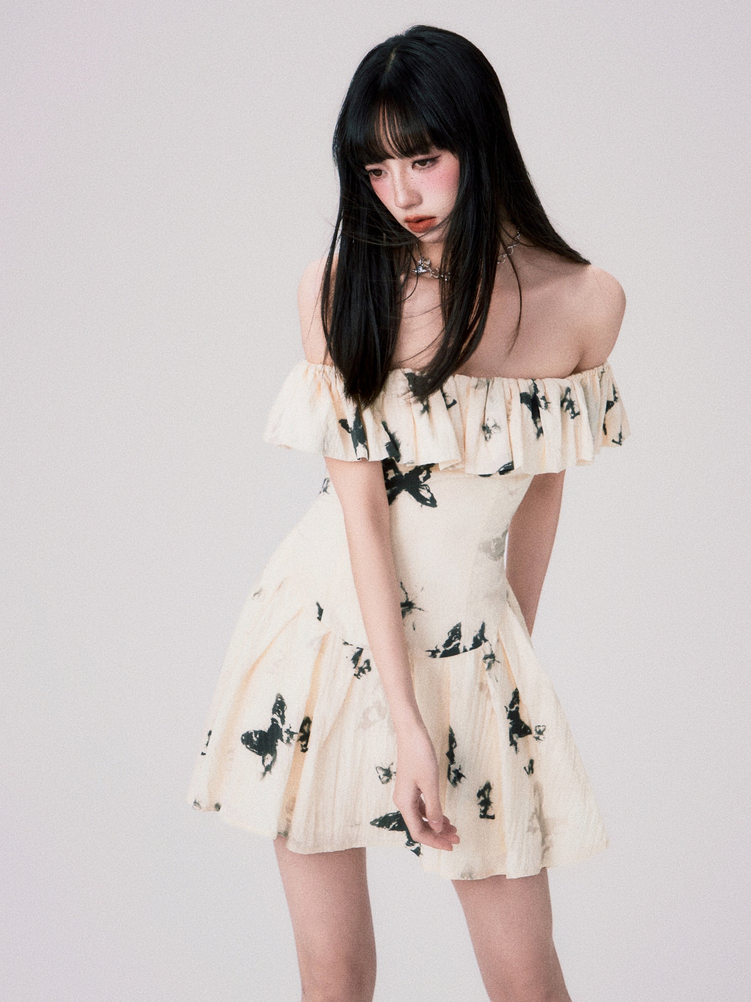 Butterfly Print Ruffle Off-shoulder Dress