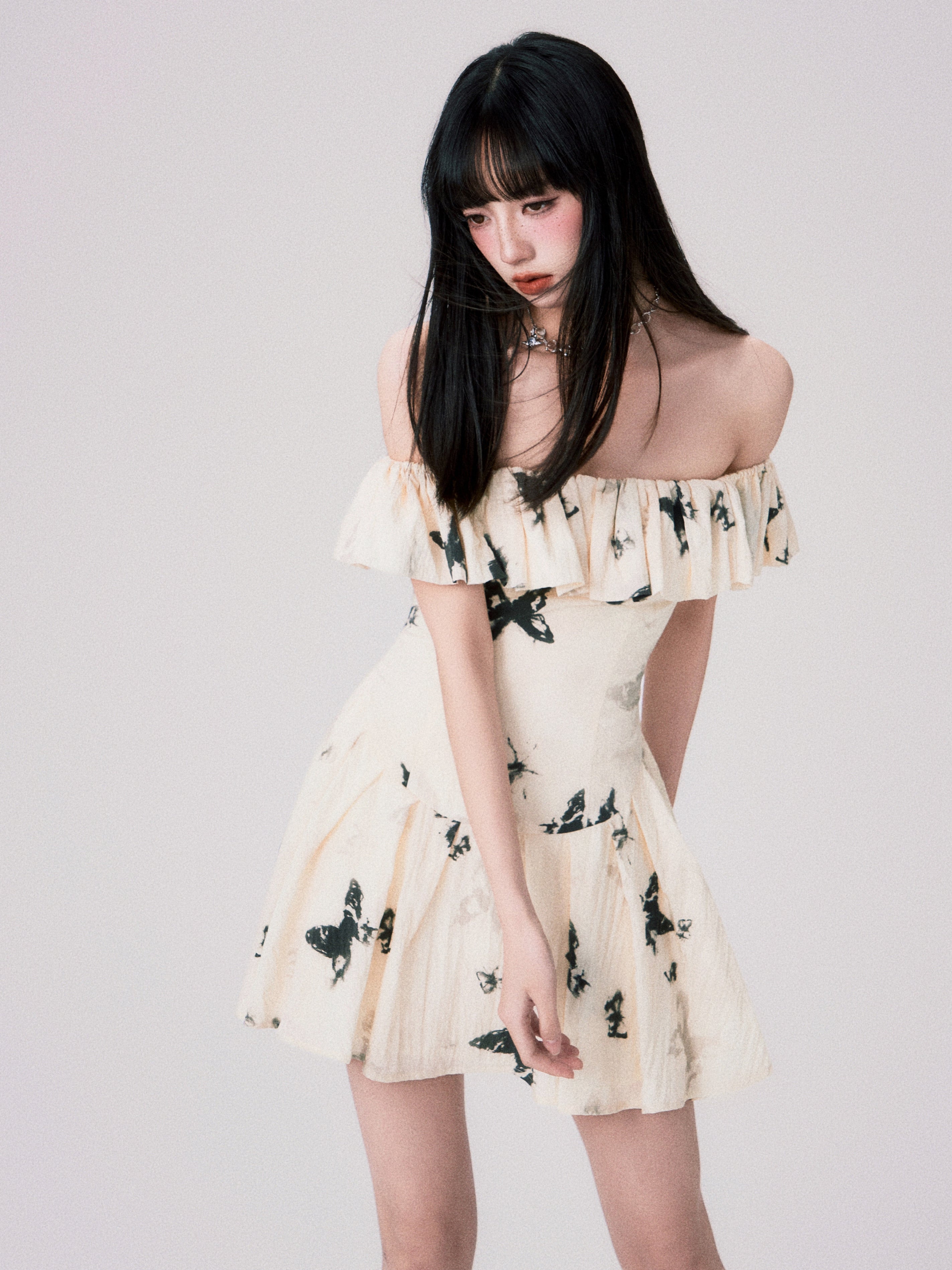 Butterfly Print Ruffle Off-shoulder Dress