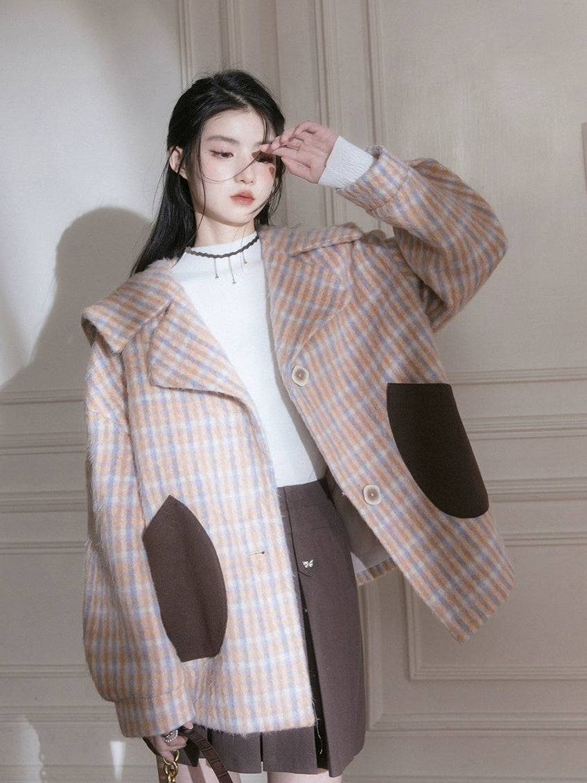 Plaid Large Lapel Woolen Coat