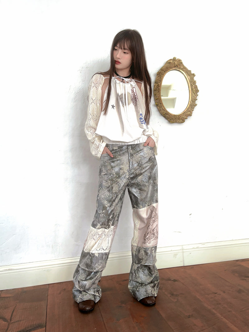 Tie-dye Printed Lace Splicing Pants