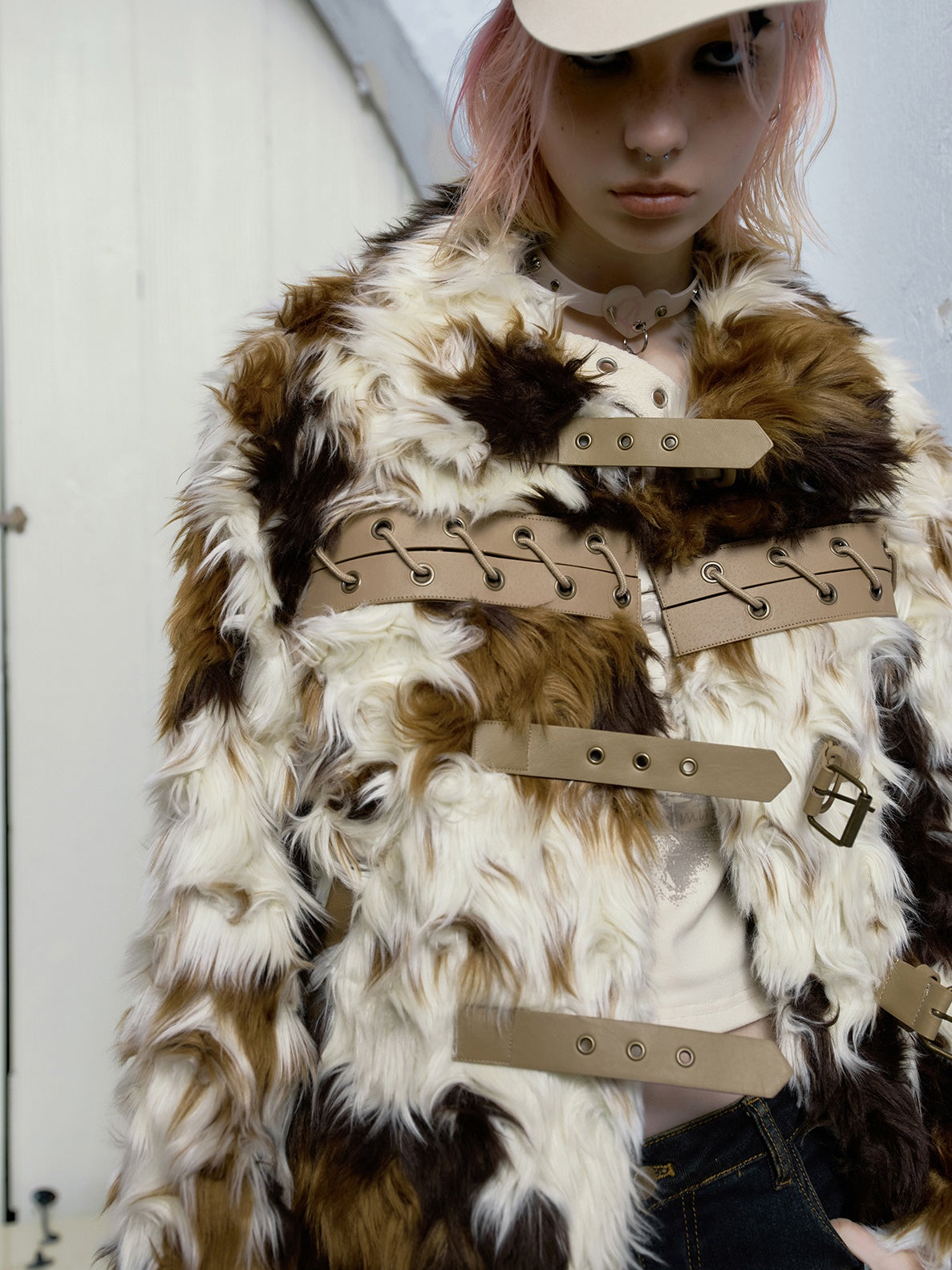 Color-blocked Strap Design Short Fur Coat