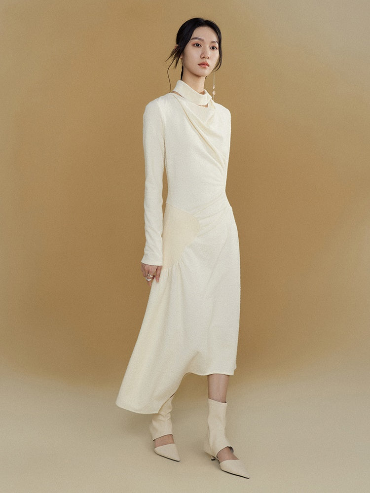 Gathered Spliced Swing Collar Dress