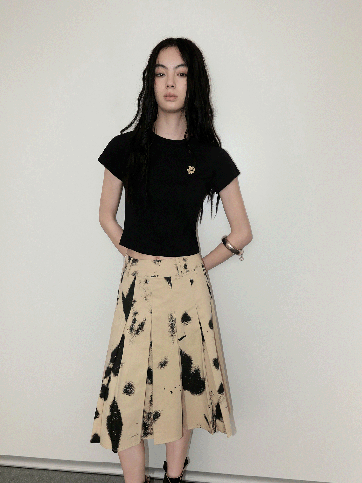 Branches and Leaves Mottled Print Pleated Work Skirt