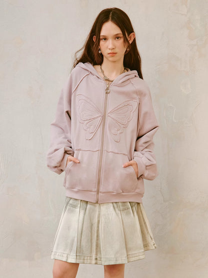 Butterfly Embroidery Loose ZIP-Up Hooded Sweat