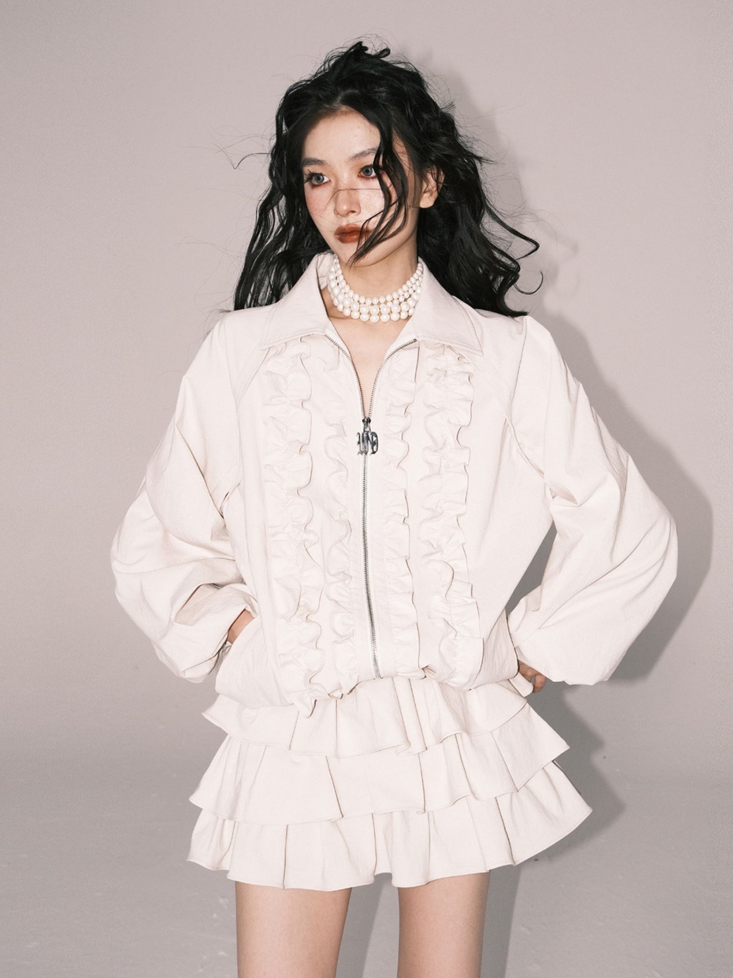 Ruffled POLO Collar Swing Jacket ＆ Cake Skirt