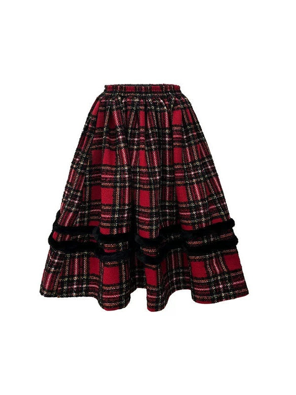 Plaid Detachable Fur Collar Fur Ball Short Coat &amp; Mid-Length Skirt