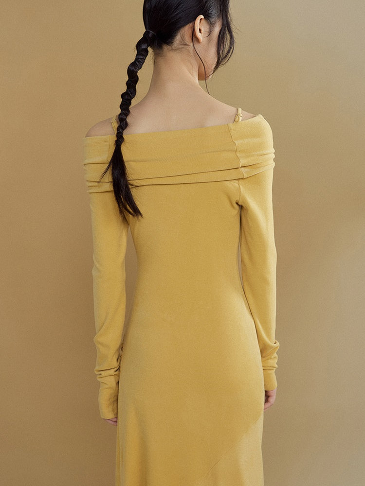 One-shoulder Long-sleeved Brushed Long Knit Dress