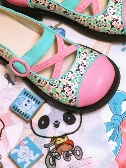 Contrast Panda Printed Leather Strap Shoes