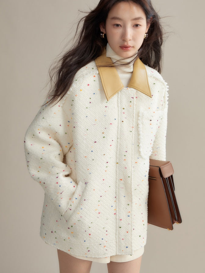 Colorful Dots PU Leather Collar Tweed Taste Jacket