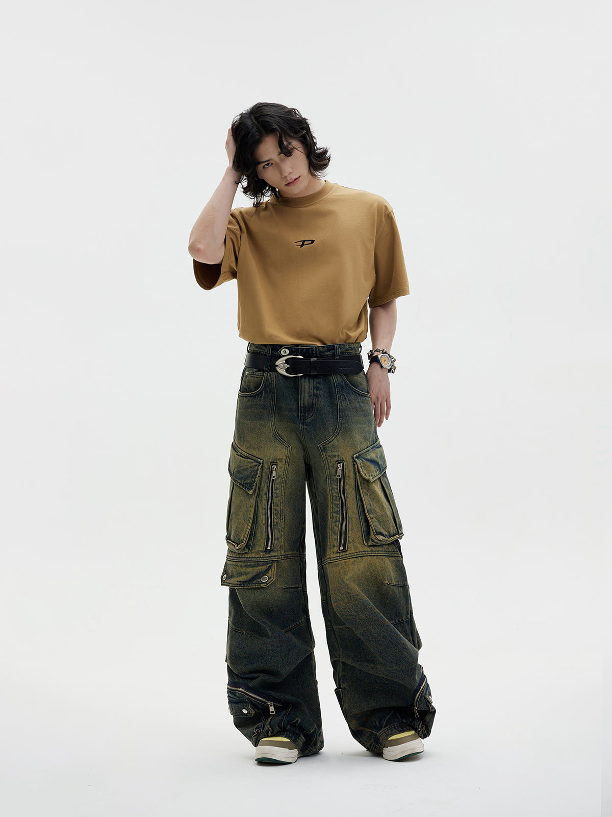 Distressed Multi-pocket Loose Wide-leg Cargo Jeans