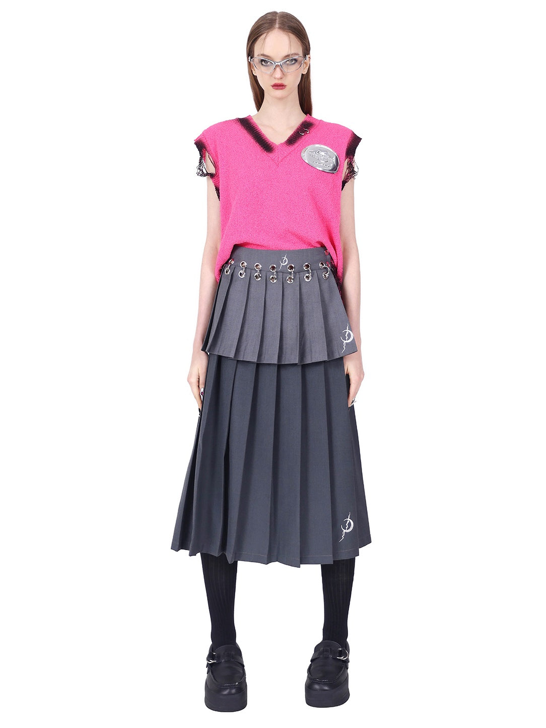 Detachable Hanging Loops Layered Long &amp; Short Pleated Skirt