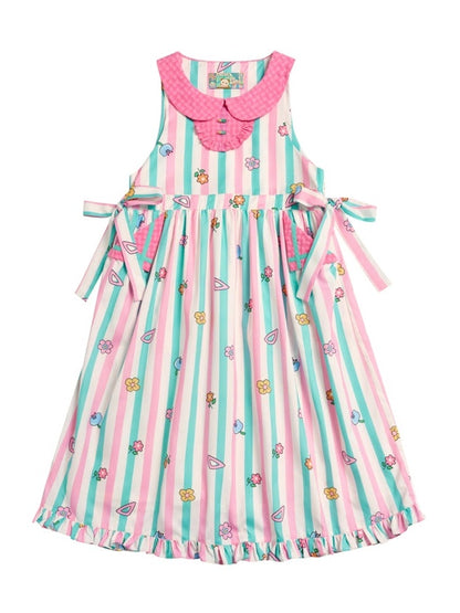 Floral Striped Print Doll Collar Lace Sleeveless Dress