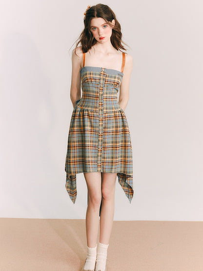 Sunflower Plaid Suspender Irregular Dress