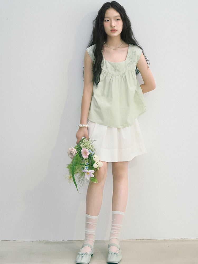 Bow Embroidered Lace Trim Square Neck Sleeveless Shirt