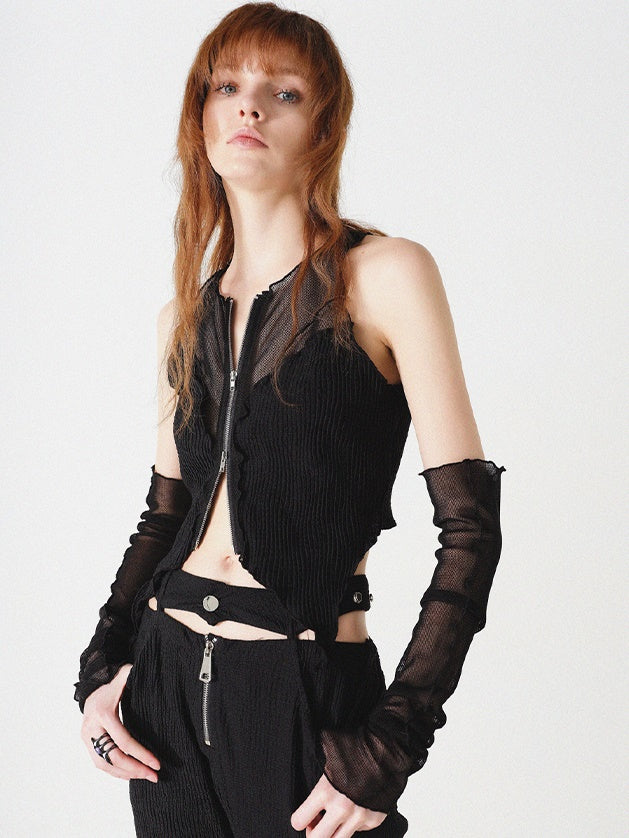 Mesh Switching Sleeveless Zipper Top With Sleeves