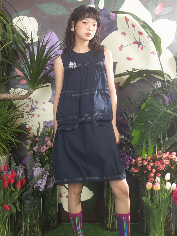 Cherry Blossom Embroidery Sleeveless A-Line Gather One-piece