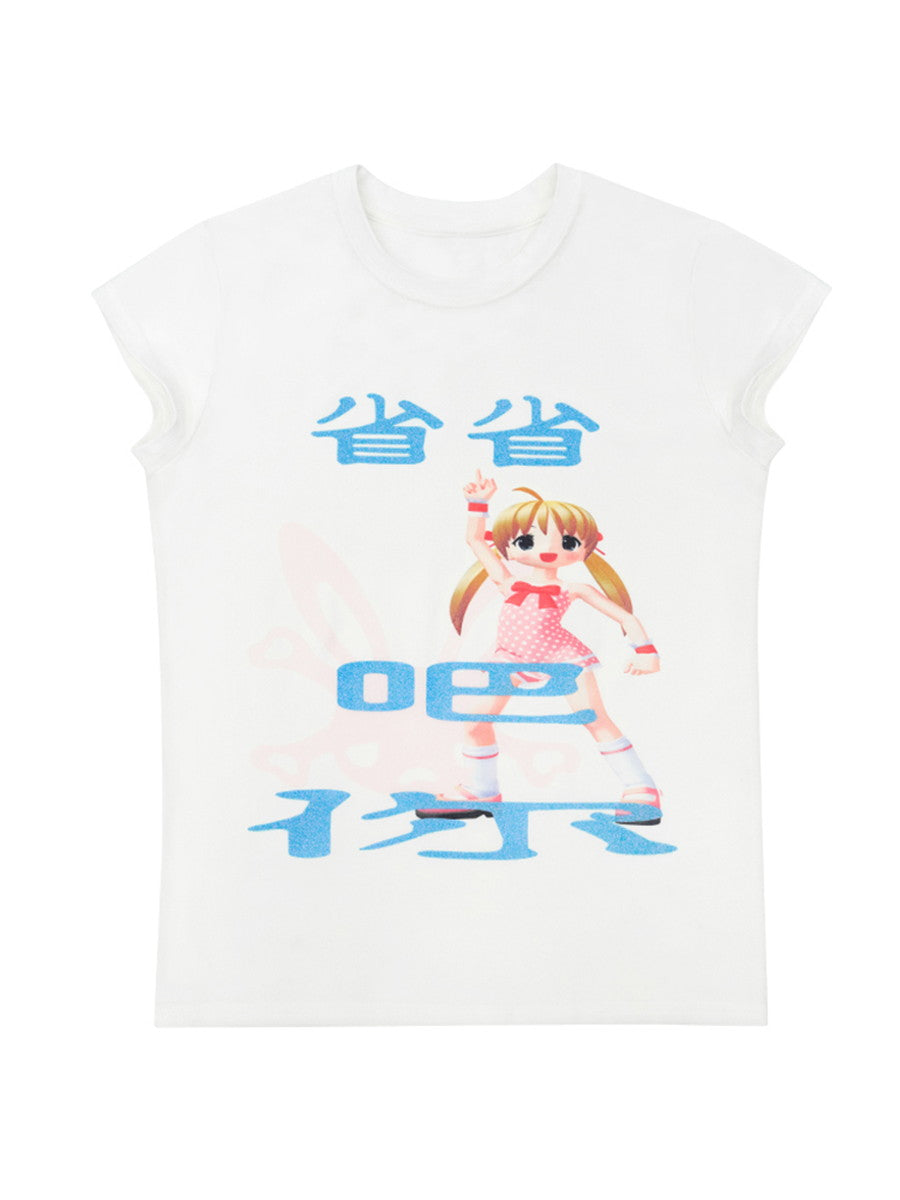 Tight French-Sleeve Character Casual T-Shirt