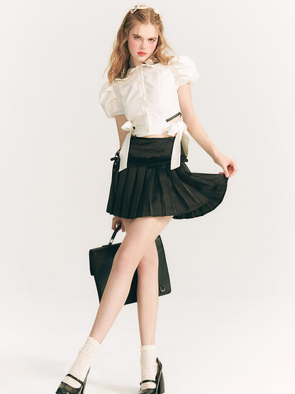 Side Ribbon Doll Collar Puff Sleeve Shirt