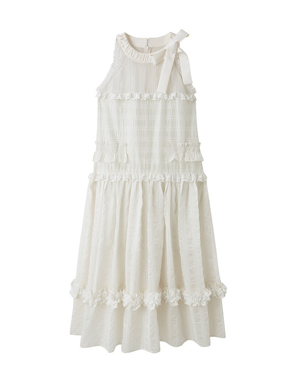 Ruffled A-line Ribbon Hanging Neck Cake One-piece