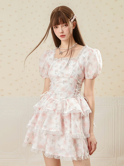 SQUARE COLLAR SIDE LACEUUP PUFF CAKE Dress