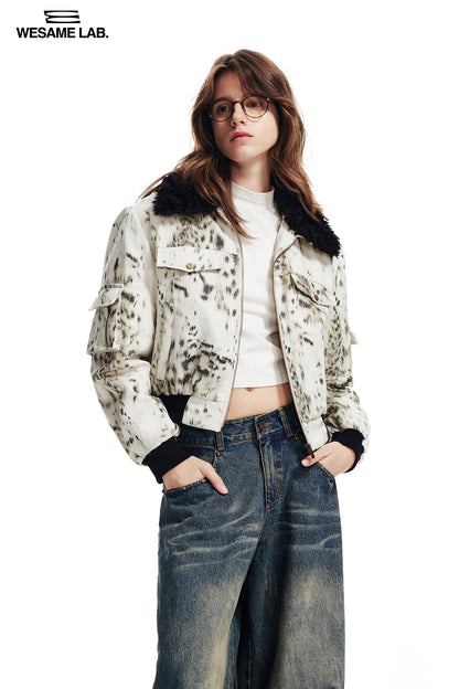 Boa-Collar Speckled Leopard Short Jacket