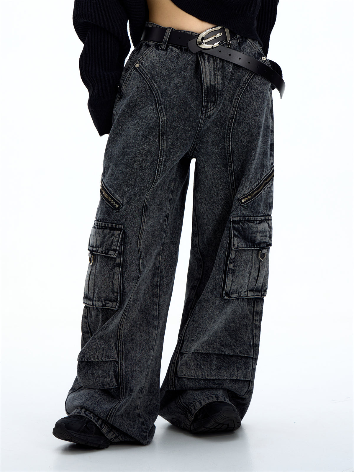 Retro Suspender Design Stitching Denim Pants