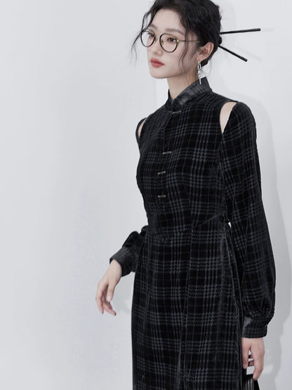 Chinese Style Houndstooth Velvet Stand Collar Dress