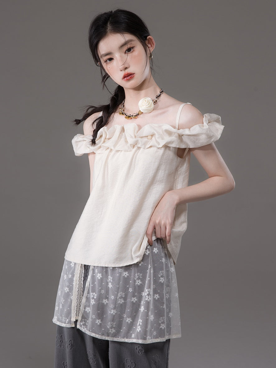 Flower Bud Off-shoulder Shirt ＆ Lace Apron Set-up