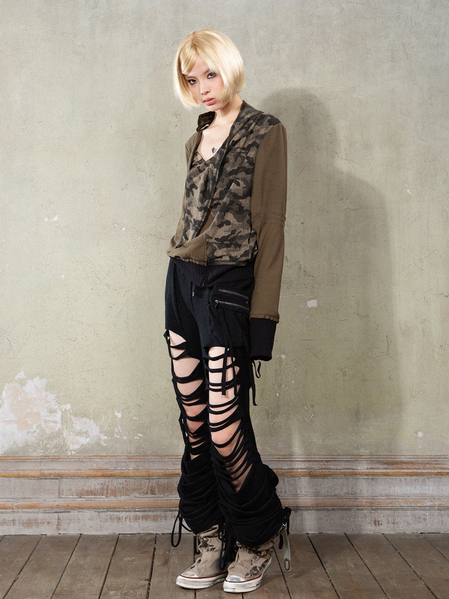 Asymmetric Camouflage Splicing Swing Collar ZIP Cardigan