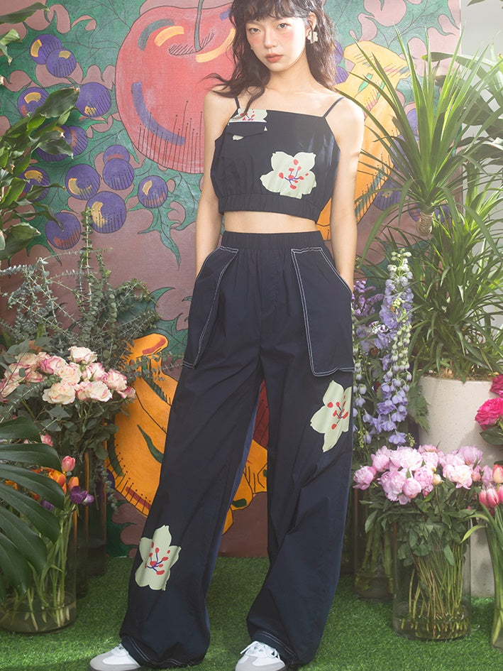 Cherry Blossom Print Straight Casual Trousers