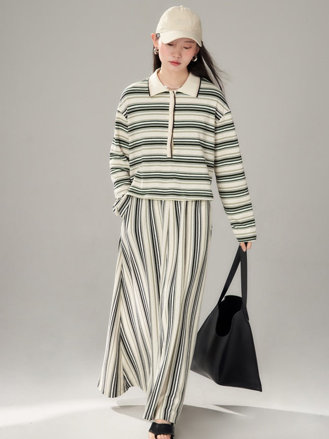 Easy Chic Grainy Texture Striped Knitted POLO Shirt ＆ Skirt