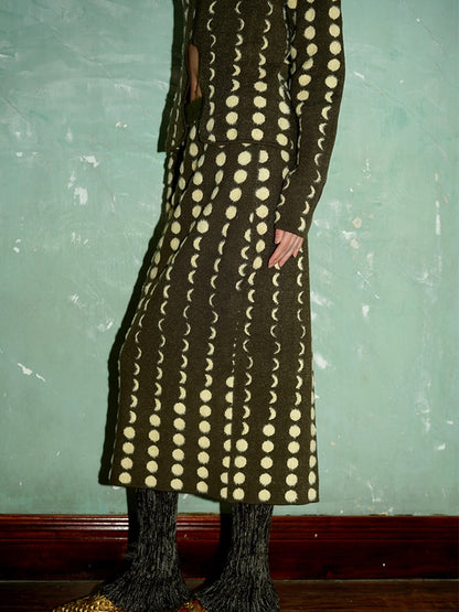 Polka Dot Contrast Knitted Sweater Jacket ＆ Skirt