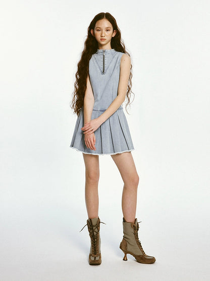 Sleeveless Pleated Denim Dress