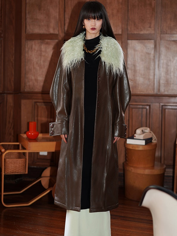 Fur Collar Slim Long Leather Coat