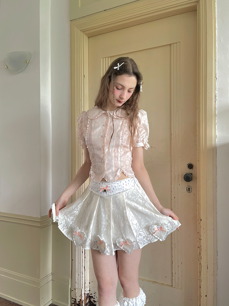 Petal Shape Waist Puff Sleeve Short Sleeve Shirt