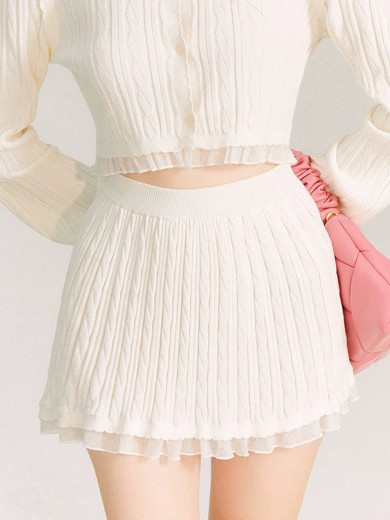Lace Trim Cable Knit Cardigan &amp; Skirt