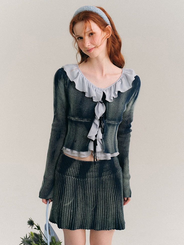 Washed Tie-dye Lace-up Knitted Cardigan &amp; Skirt