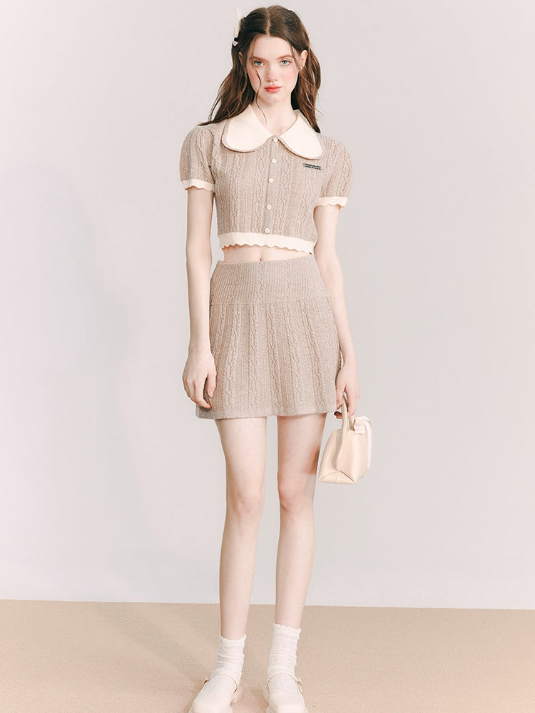 Doll Collar Knitted Top &amp; A-Line Half Skirt 설정