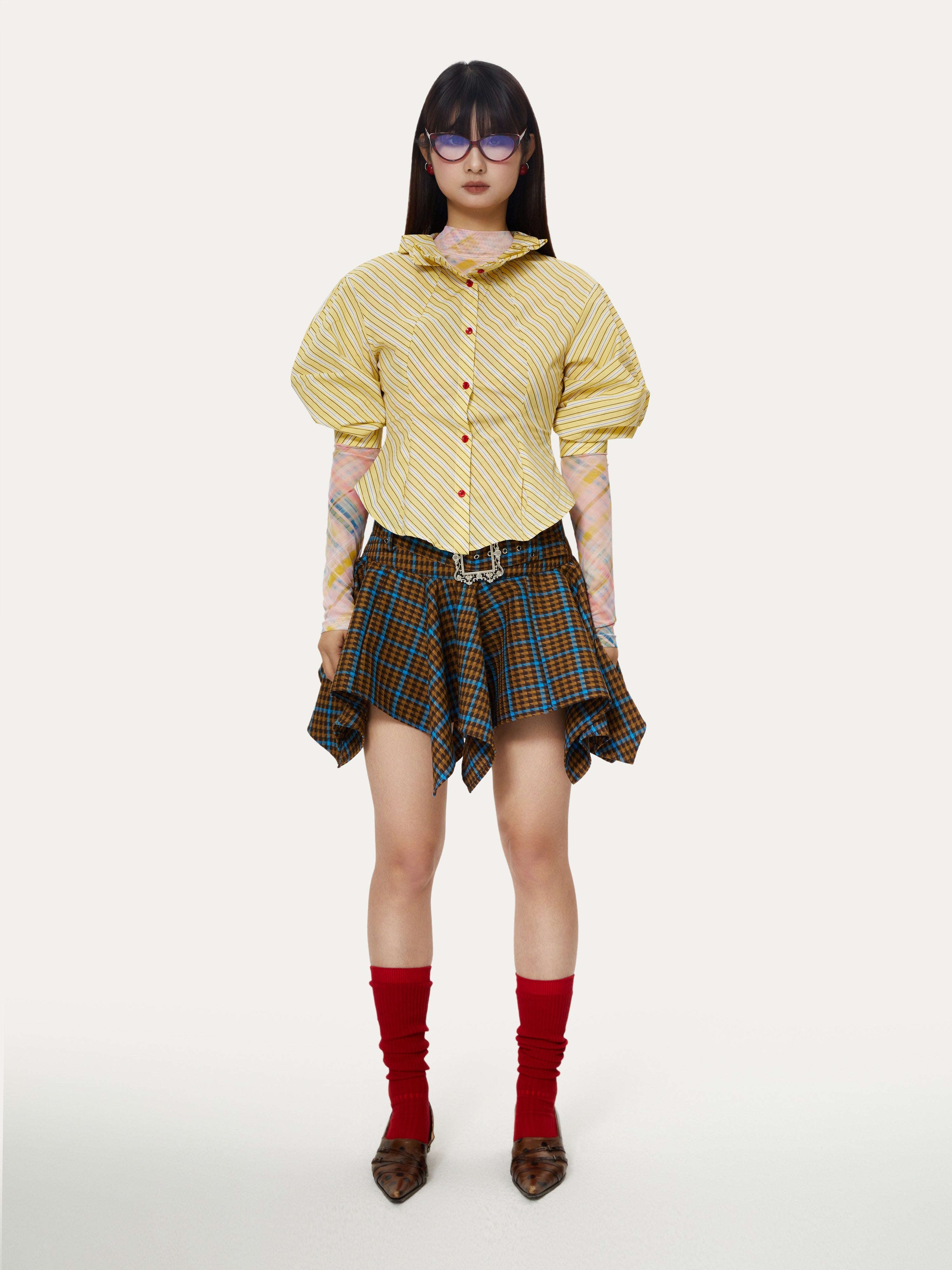 Contrast Plaid Wide Waist Design Irregular Hem Short Skirt