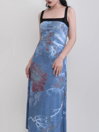 Chinese Style Printing Backless Bow Sleeveless Dress