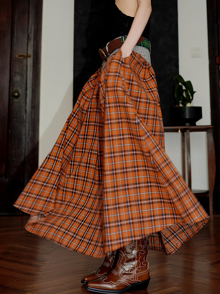 Retro Plaid Stitching Long Skirt With Belt