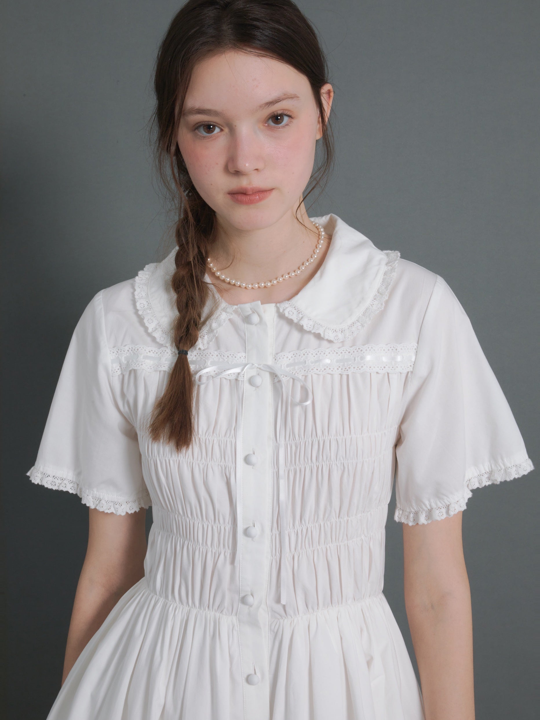 Doll Neck Gather Short Sleeve One-piece