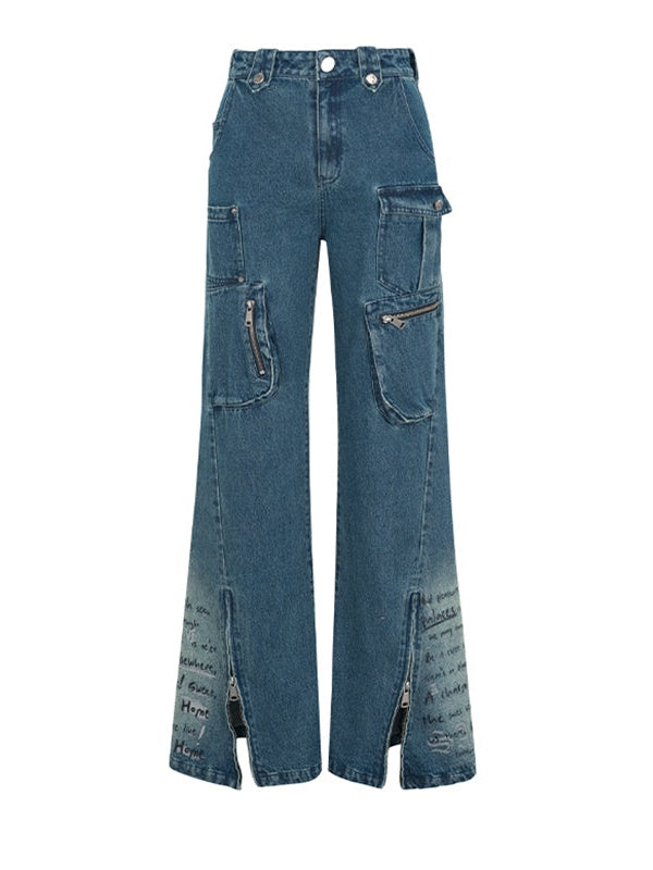 Printing Old Zipper Flare Jeans