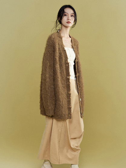 Oversized Furry Placket Ripped Cardigan