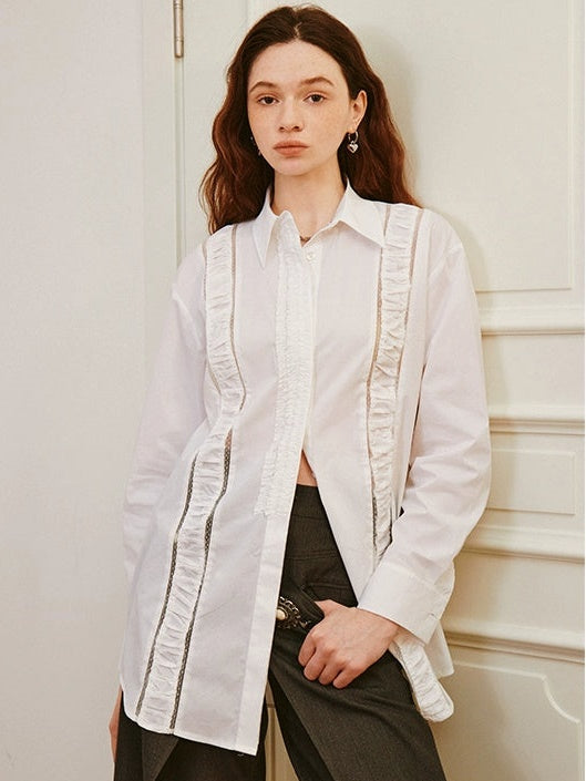 Retro Hollow Lace Stitching Pleated Shirt