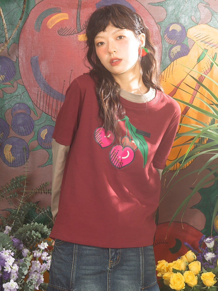 Cherry Print Fake Layered Long-sleeved T-shirts