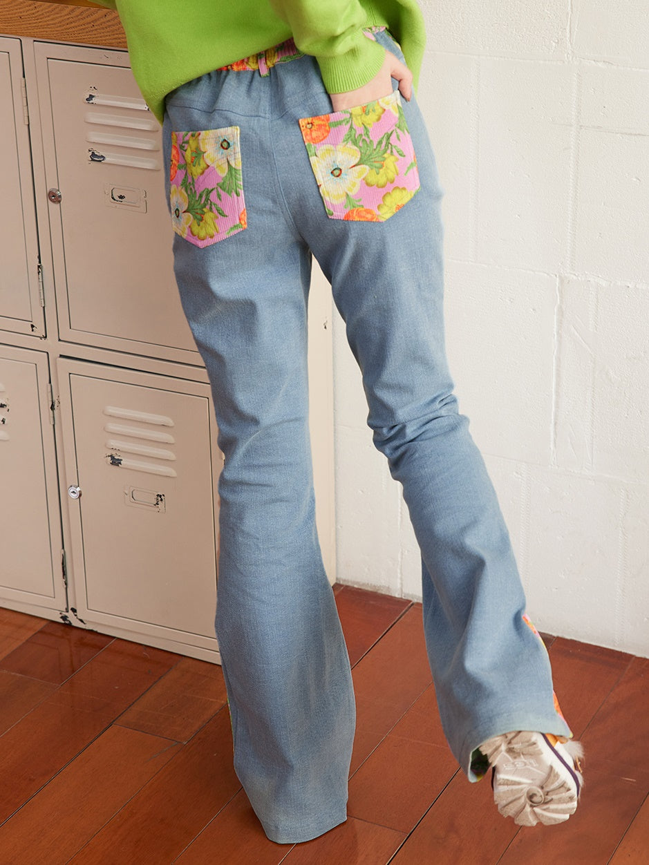 Patchwork Floral Stretch Denim Pantalon évasé