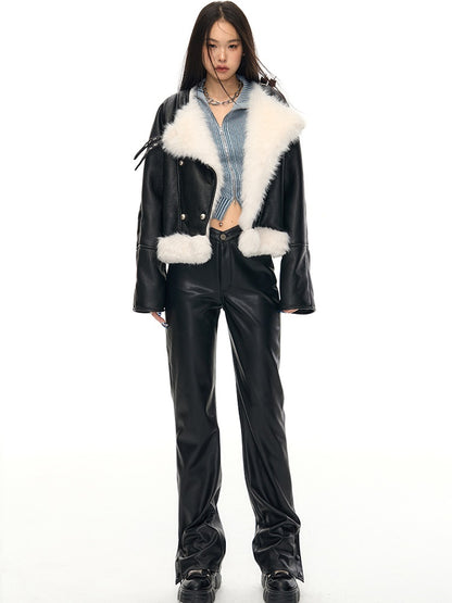 Large Lapel Eco-friendly Fur Leather Jacket